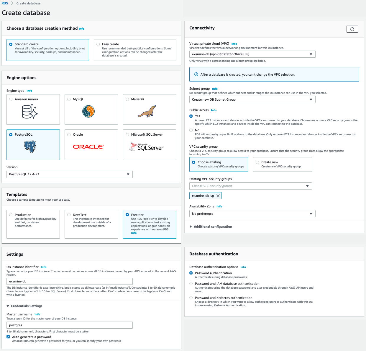 Settings for the new database.