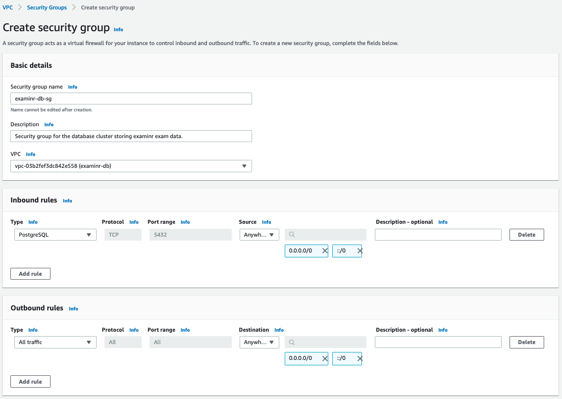 Settings for the new security group.