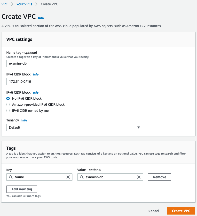 Settings for the new VPC.