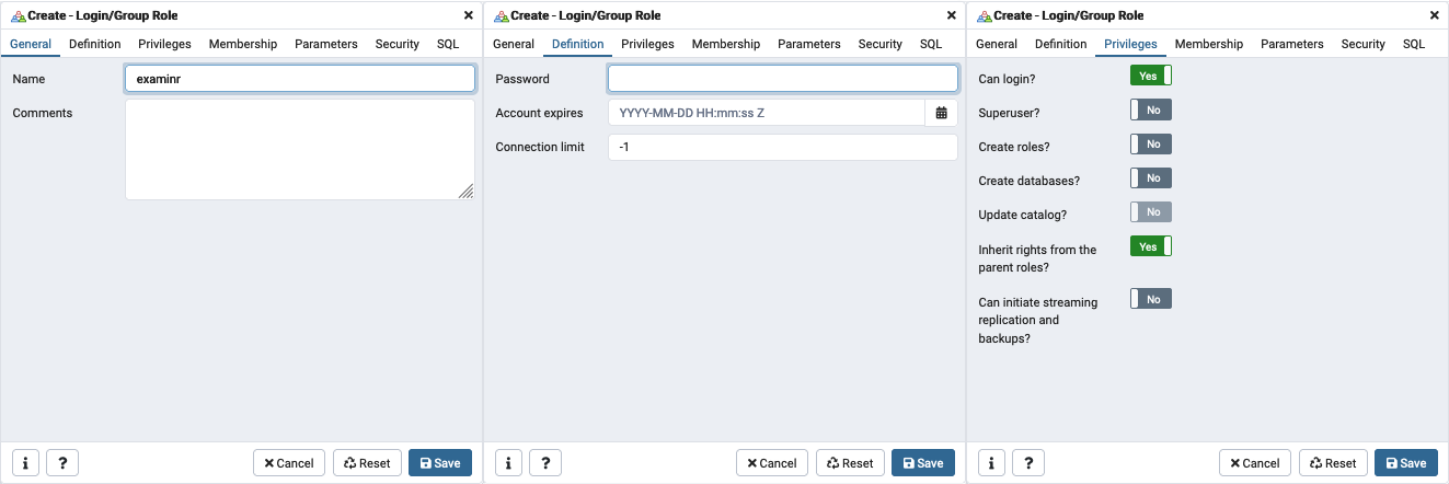Create a new role for connecting to the database.